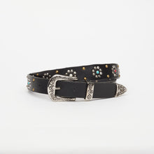 Upload the image to the Gallery viewer, CINTURA TEXANA NERA | ALTEZZA 3 CM | CON BORCHIE E CABOCHON TURCHESI A FIORI
