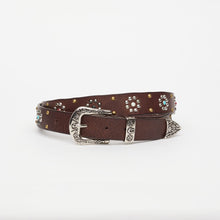Carica l'immagine nel visualizzatore di Gallery, CINTURA TEXANA TESTA MORO | ALTEZZA 3 CM | CON BORCHIE E CABOCHON TURCHESI A FIORI