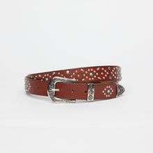 Upload the image to the Gallery viewer, CINTURA TEXANA CUOIO | ALTEZZA 3 CM | CON BORCHIE GEOMETRICHE E CABOCHON TURCHESI