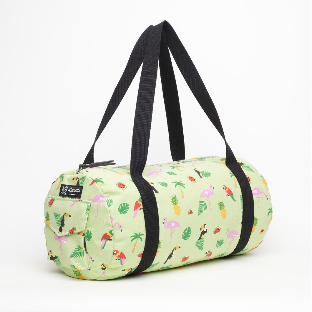 BAG IN GREEN CLOTH | WITH TOUCANS AND FLAMINGOS