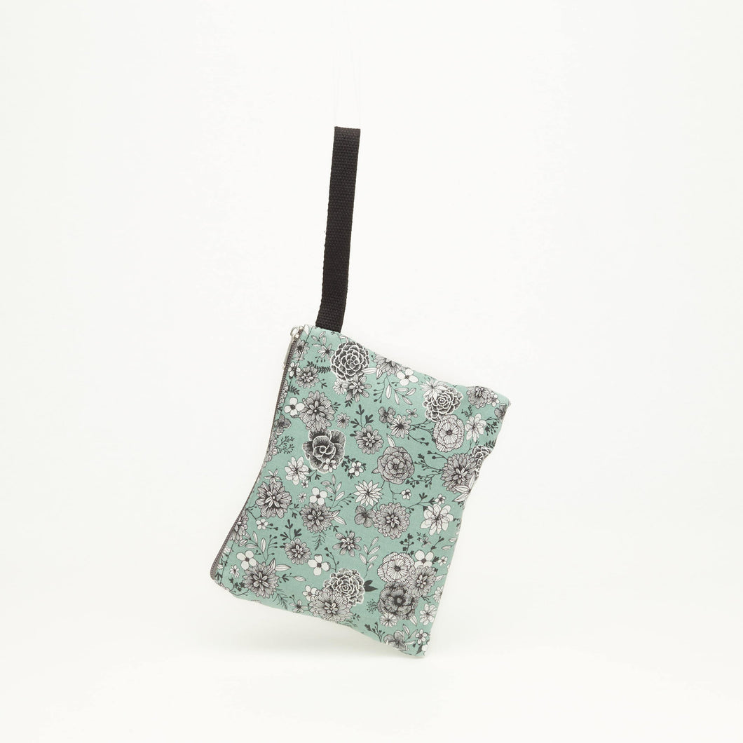 CLUTCH WITH CLOTH HANDLE | GREEN WITH WHITE FLOWERS