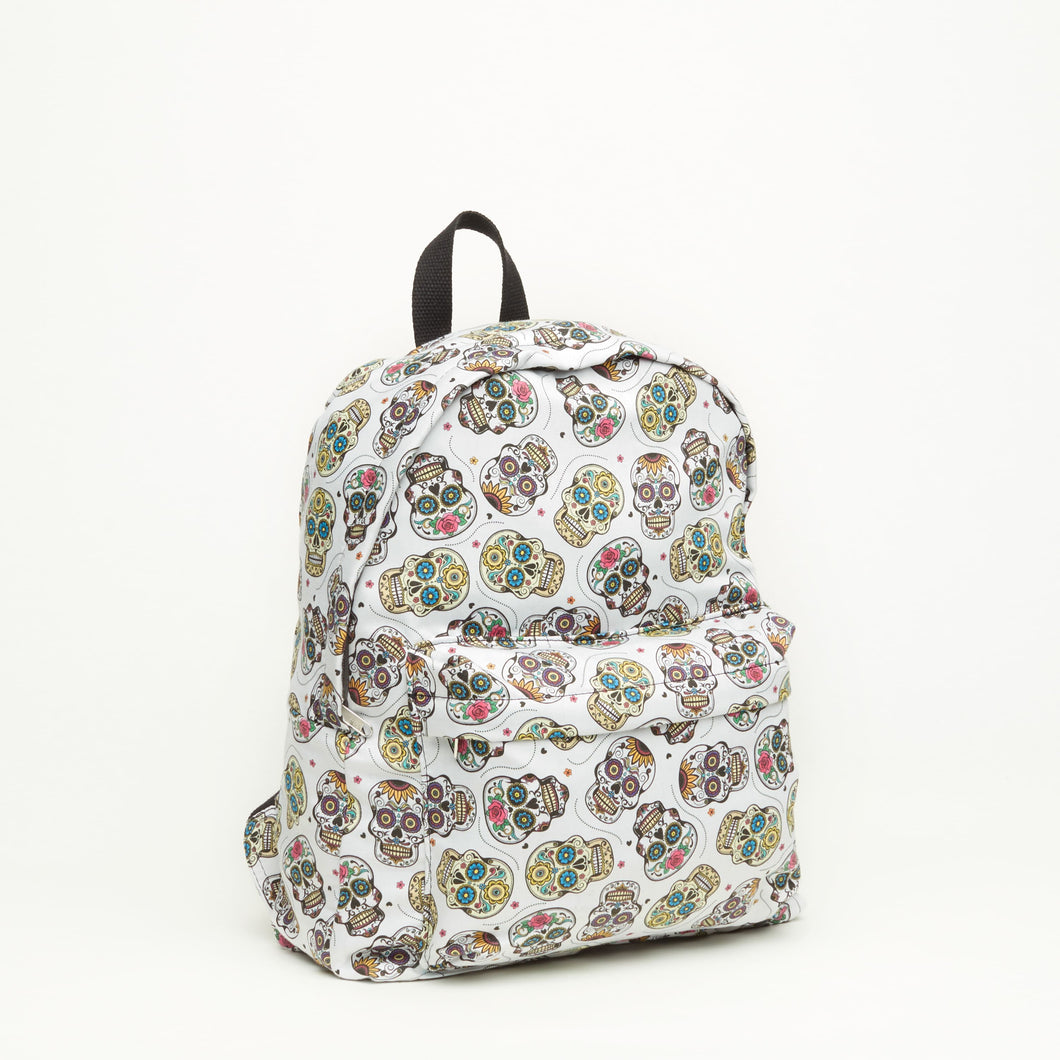 CLOTH BACKPACK | WHITE WITH SKULLS