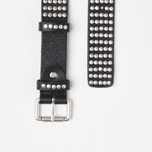 Upload the image to the Gallery viewer, BLACK STUDDED BELT | HEIGHT 3.50 CM | 5 ROWS OF SILVER STUDS

