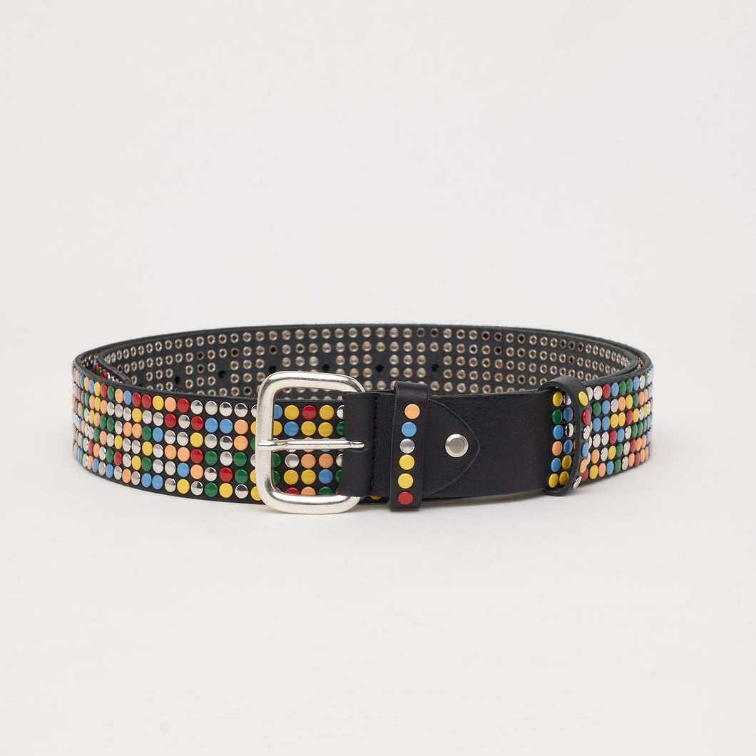 BLACK STUDDED BELT | HEIGHT 4 CM | 6 ROWS OF COLORED STUDS