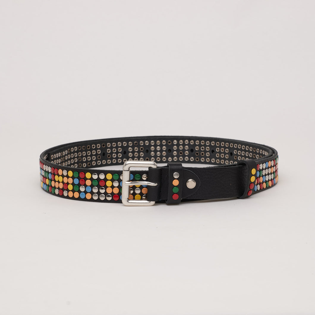 BLACK STUDDED BELT | HEIGHT 3 CM | 4 ROWS OF COLORED STUDS